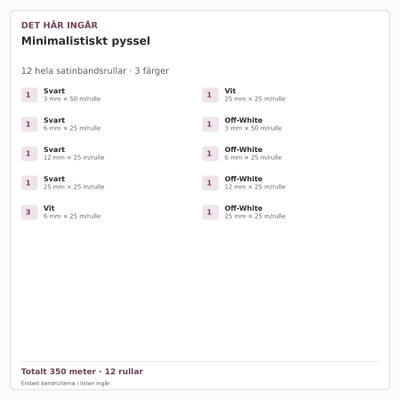 Det här ingår – Satinbandspaket – Minimalistiskt pyssel – 12 rullar