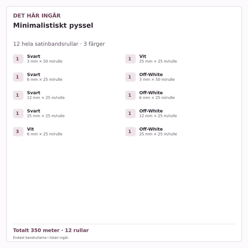 Det här ingår – Satinbandspaket – Minimalistiskt pyssel – 12 rullar
