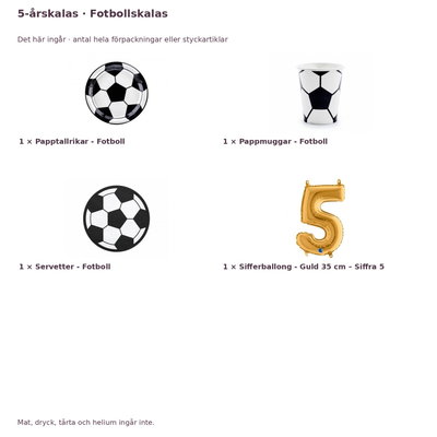 5-årskalas, Fotbollskalas, kalaspaket, 6 gäster – innehåll och antal förpackningar