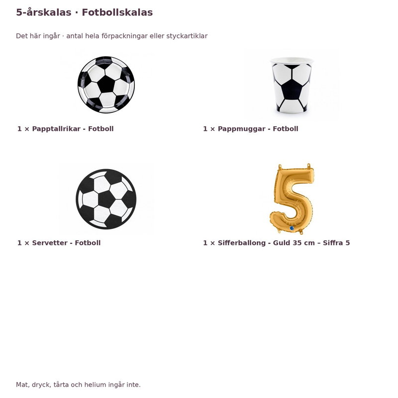 5-årskalas, Fotbollskalas, kalaspaket, 6 gäster – innehåll och antal förpackningar