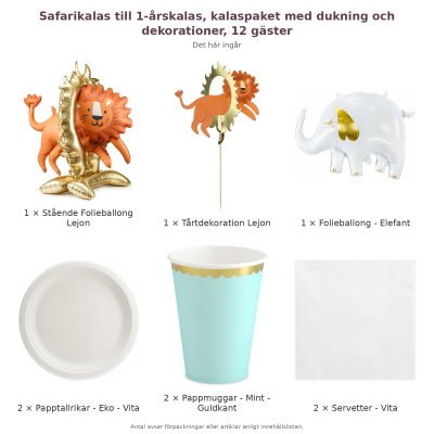 Safarikalas till 1-årskalas, kalaspaket med dukning och dekorationer, 12 gäster – innehåll och antal förpackningar