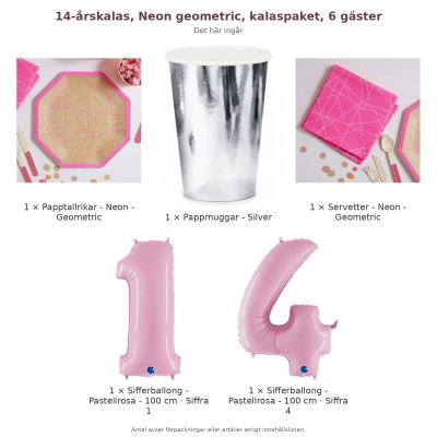 14-årskalas, Neon geometric, kalaspaket, 6 gäster – innehåll och antal förpackningar