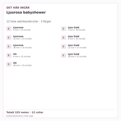 Det här ingår – Satinbandspaket – Ljusrosa babyshower – 12 rullar