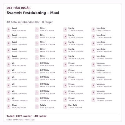 Det här ingår – Satinbandspaket – Svartvit festdukning – Maxi – 48 rullar