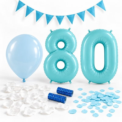80-års festpaket, Blått, Stor – paketets dekorationer på vit bakgrund