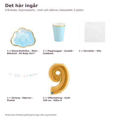9-årskalas, Pyjamasparty – moln och stjärnor, kalaspaket, 6 gäster – innehåll och antal, sifferballong 100 cm
