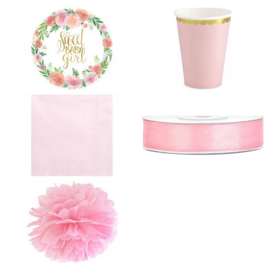 Dop flicka – floral och rosa – fikapaket, 12 gäster – produktöversikt