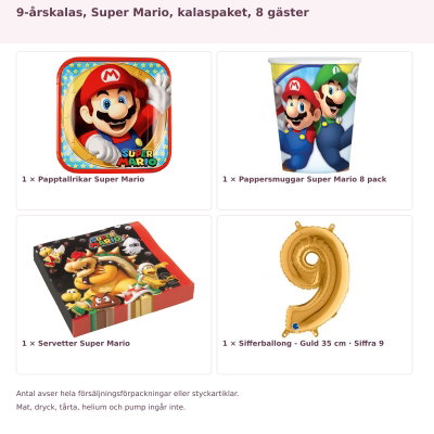9-årskalas, Super Mario, kalaspaket, 8 gäster – innehåll och antal förpackningar