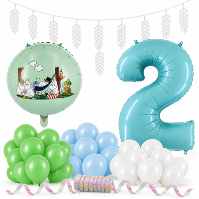 Mumin 2 år – dekorationspaket Mumindalen – paketets produkter