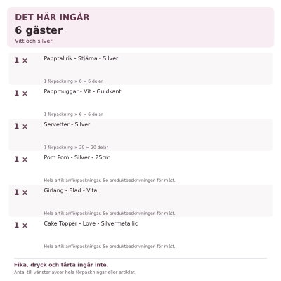 Dop – vitt och silver – fikadukning & dekorationer, 6 gäster – innehåll och antal