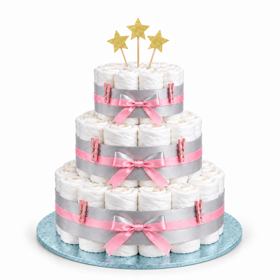 Blöjtårta i tre våningar på babyblå FunCakes-bricka 30,5 cm