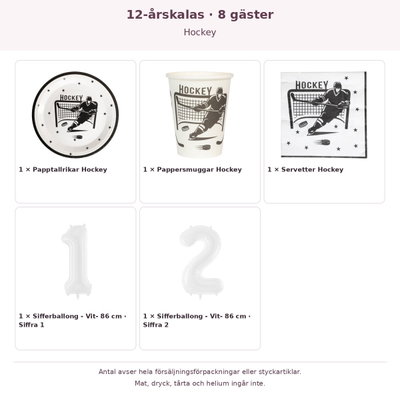 12-årskalas, Hockey, kalaspaket, 8 gäster – innehåll och antal förpackningar