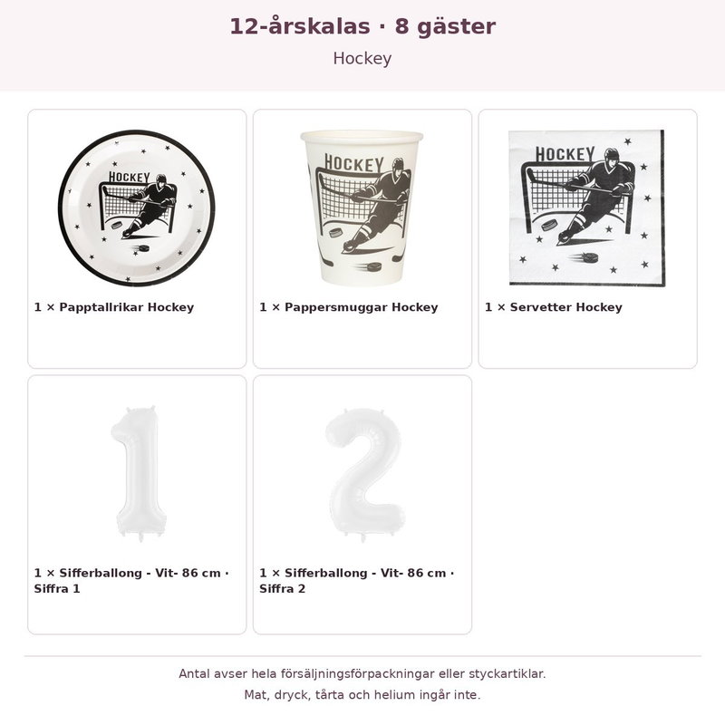 12-årskalas, Hockey, kalaspaket, 8 gäster – innehåll och antal förpackningar