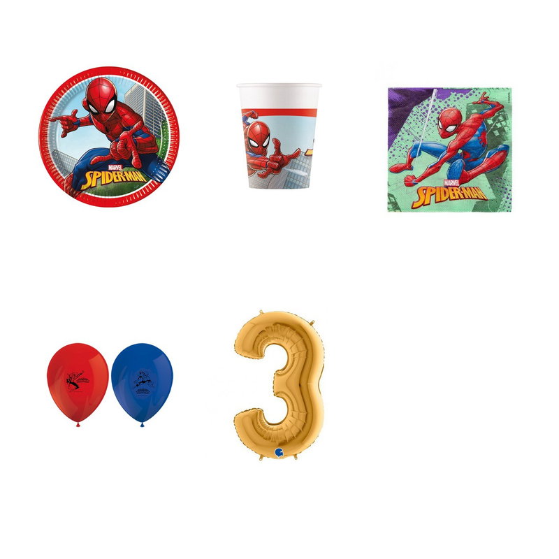 3-årskalas, Spiderman, kalaspaket, 8 gäster – paketets produkter med sifferballong 100 cm