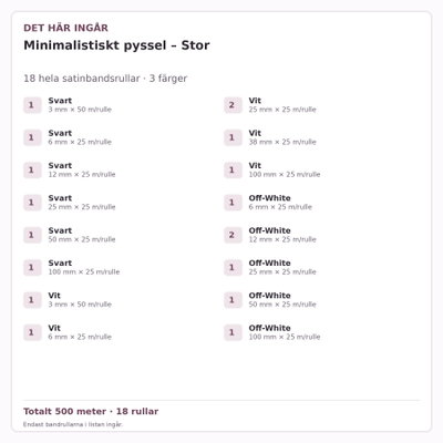 Det här ingår – Satinbandspaket – Minimalistiskt pyssel – Stor – 18 rullar