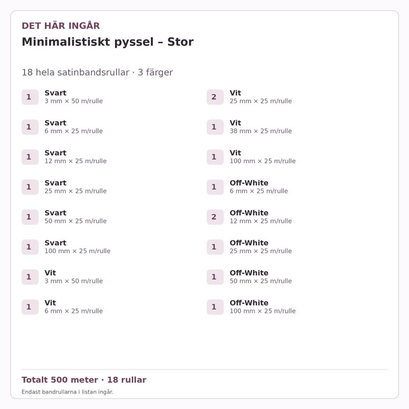 Det här ingår – Satinbandspaket – Minimalistiskt pyssel – Stor – 18 rullar