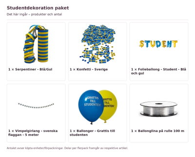 Studentdekoration paket – innehåll och antal förpackningar