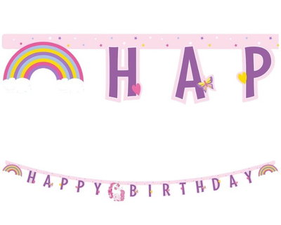 Rosa Happy Birthday-girlang Unicorn Rainbow med lila bokstäver och regnbågar