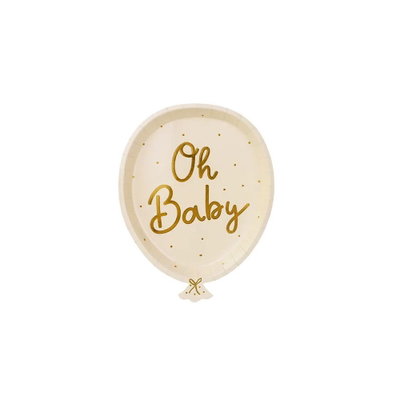 Ballongformade Oh Baby papptallrikar med guldfärgade prickar