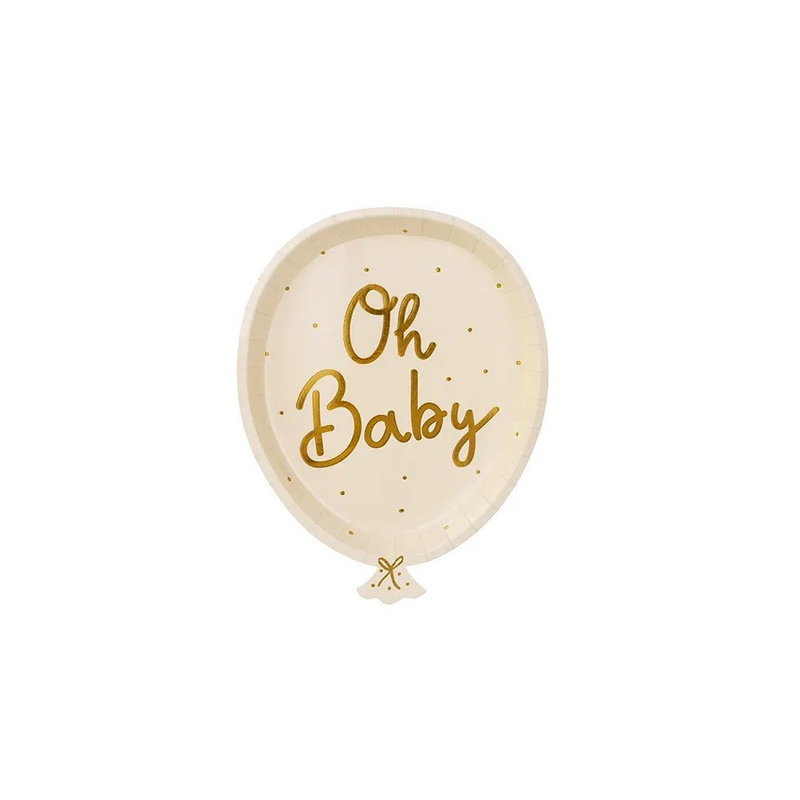 Ballongformade Oh Baby papptallrikar med guldfärgade prickar