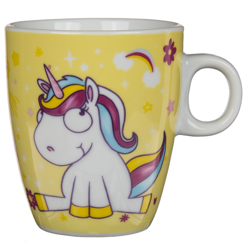 Comic Unicorn porslinsmugg gul med vitt handtag – Out of the Blue