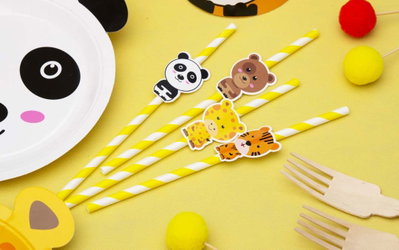 Zoo Party papperssugrör med panda, björn, giraff och tiger – miljöbild