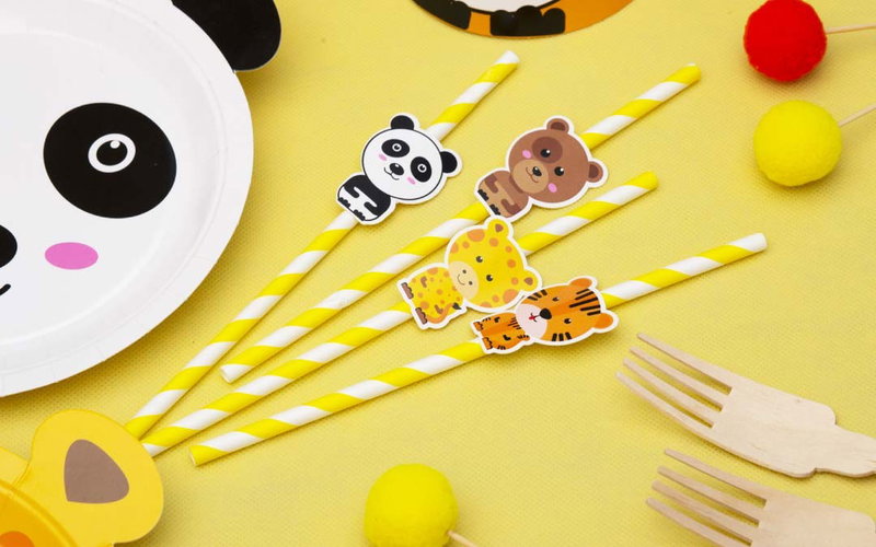 Zoo Party papperssugrör med panda, björn, giraff och tiger – miljöbild