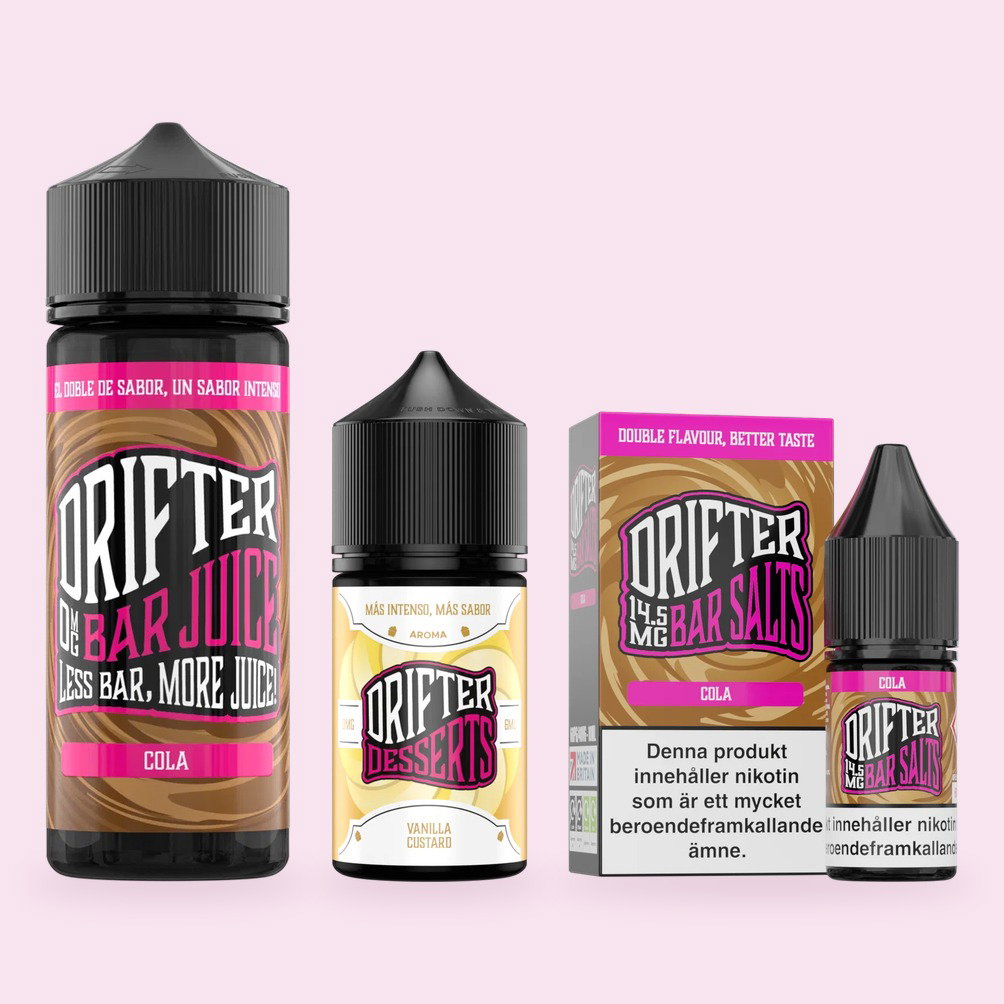 Drifter Cola 100 ml shortfill, Drifter Vanilla Custard 6 ml arom och Drifter Bar Salts Cola 10 ml