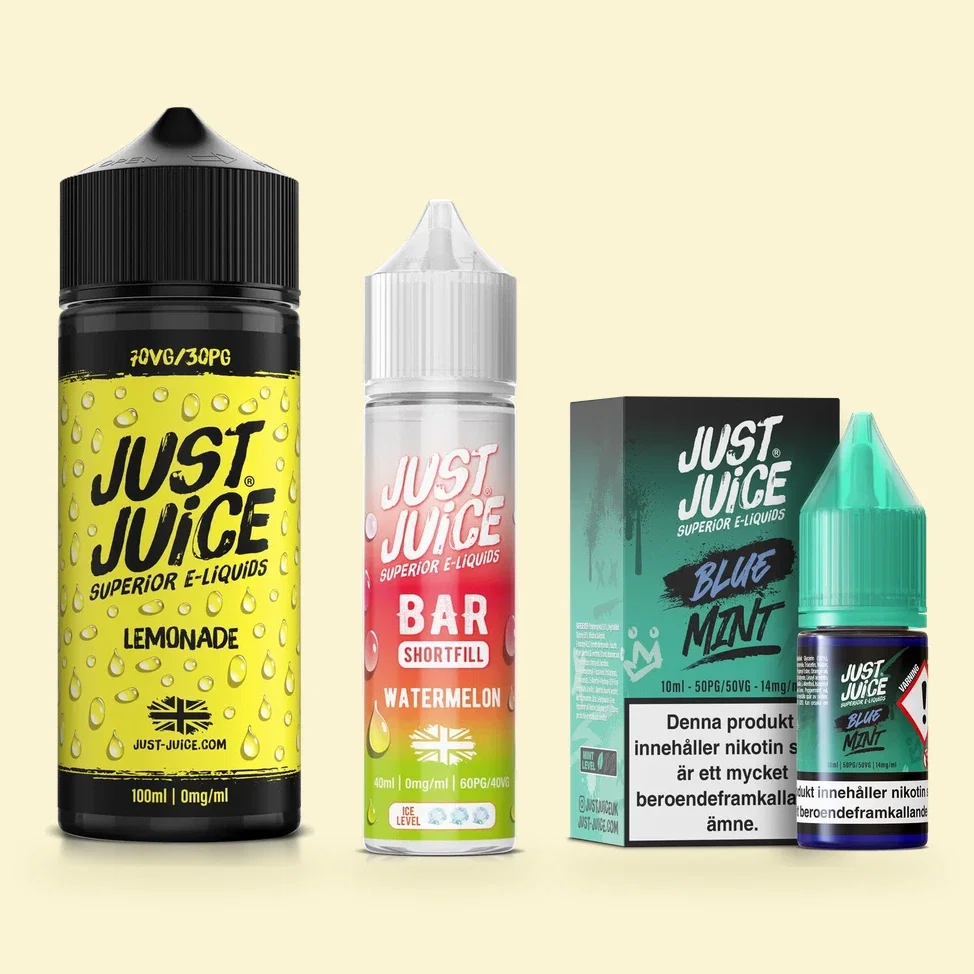Just Juice Lemonade 100 ml, Just Juice Bar Watermelon 40 ml och Just Juice Blue Mint nikotinsalt 10 ml
