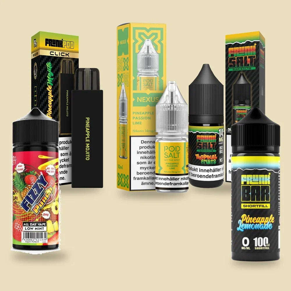 Tropical vape och e-juice med ananas i drinksmaker från Fizzy Punch, Frunk Pod Click Pineapple Mojito, Pod Salt Nexus, Frunk Salt Tropical Fruits och Frunk Bar Pineapple Lemonade