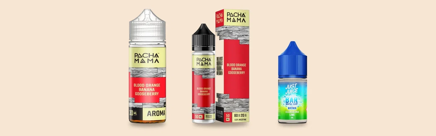 PachaMama Blood Orange Banana Gooseberry som arom och shortfill, och Just Juice Bar Below Zero Guanabana Lime arom