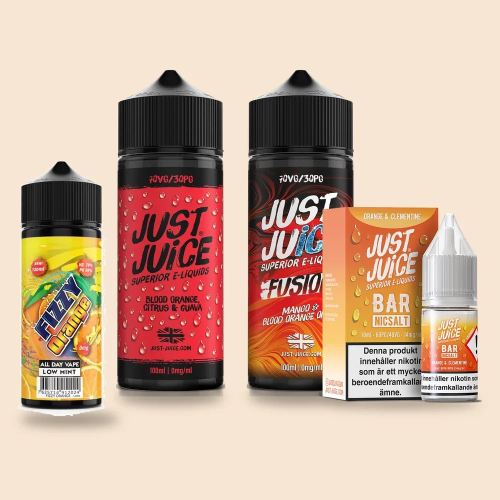 Orange vape och e-juice med apelsin, clementin och blodapelsin från Fizzy Orange och Just Juice