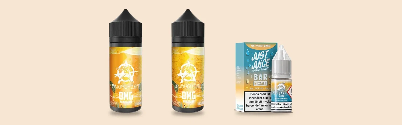 E-juice med apelsin och tropiska frukter från Anarchist Orange Tropical, Orange Tropical Ice och Just Juice Kiwi Passion Orange