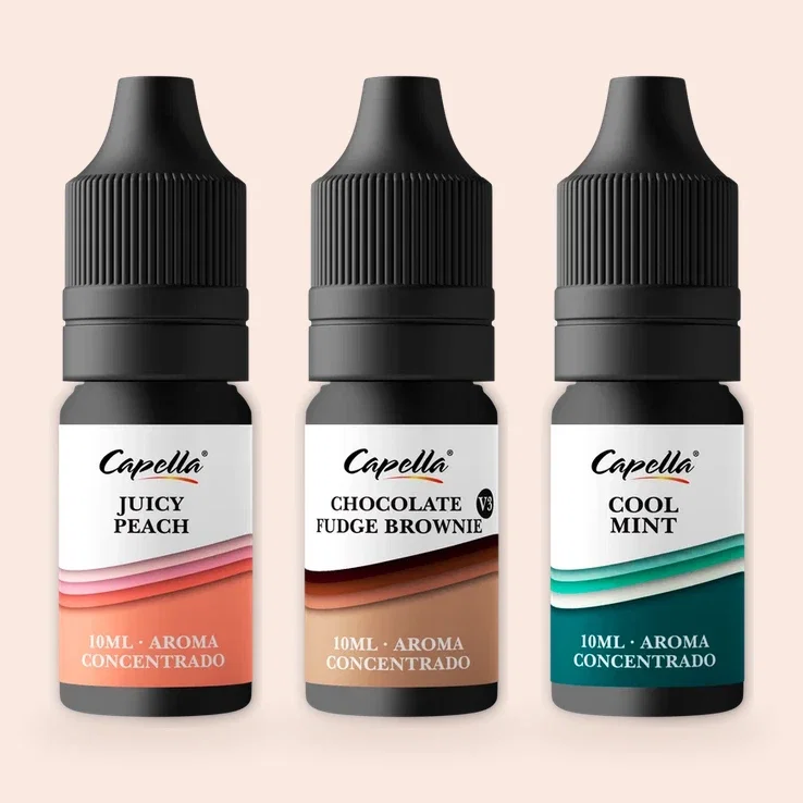 Capella aromer på 10 ml: Juicy Peach, Chocolate Fudge Brownie och Cool Mint