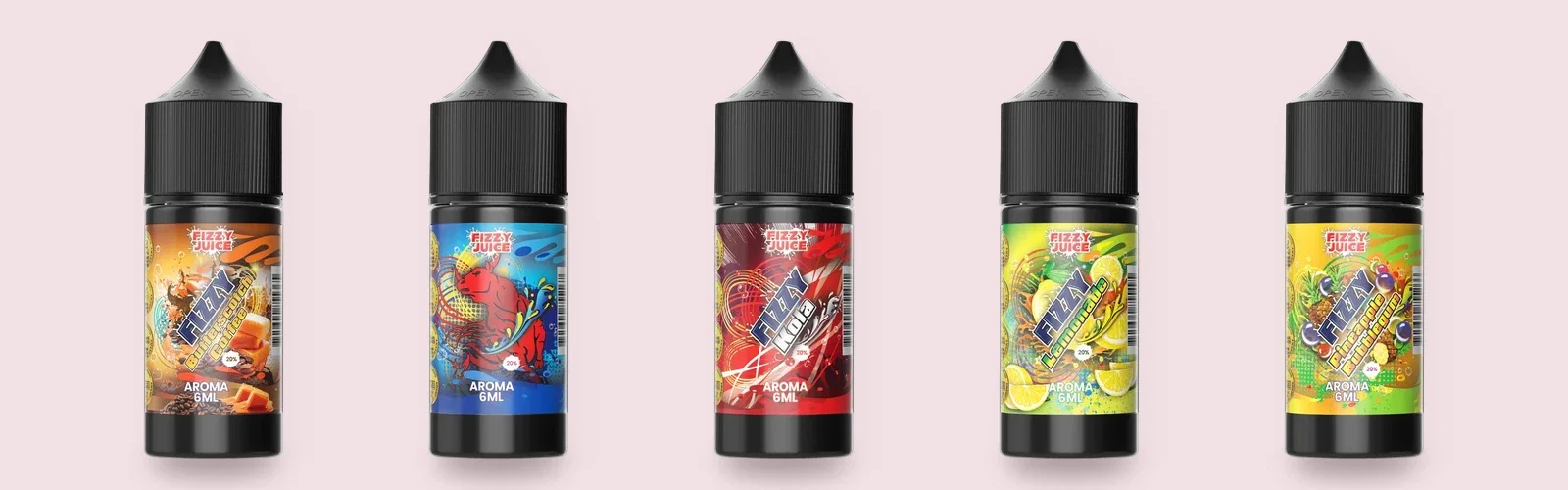Fizzy aromer 6 ml i smakerna Butterscotch Coffee, Bull, Kola, Lemonade och Pineapple Bubblegum
