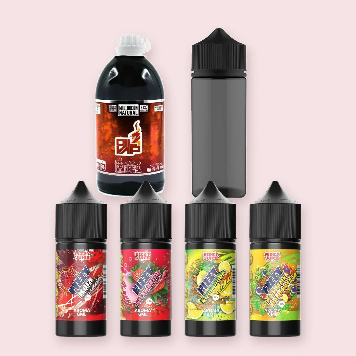 Fizzy aromer Kola, Strawberry, Lemonade och Pineapple Bubblegum med basvätska och tom flaska för att blanda egen e-juice