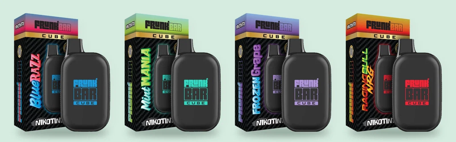 Frunk Bar Cube 0 mg i smakerna Blue Razz, Mint Mania, Frozen Grape och Raging Bull NRG