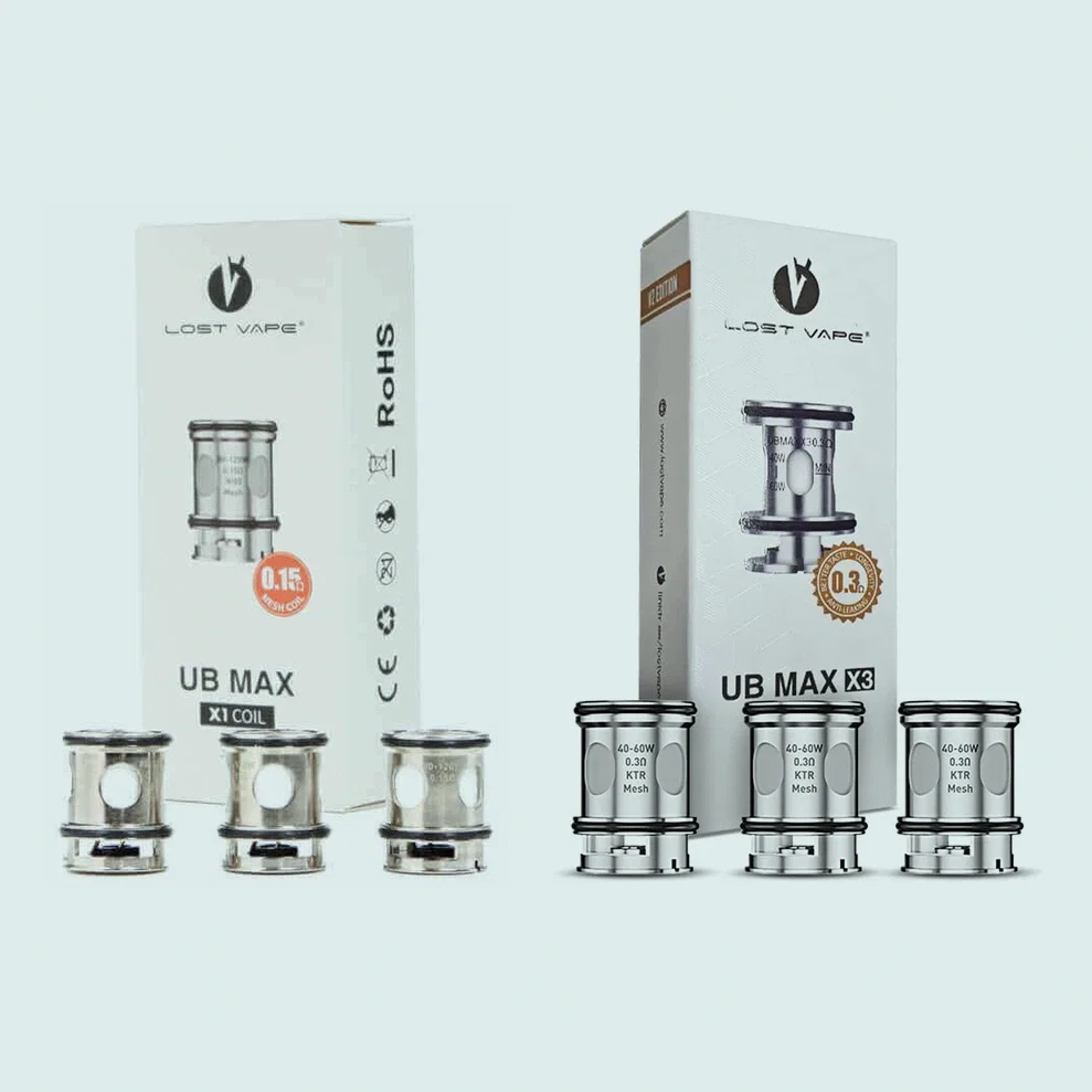 Lost Vape UB Max X1 0,15 ohm och UB Max X3 0,3 ohm, förpackningar och coils