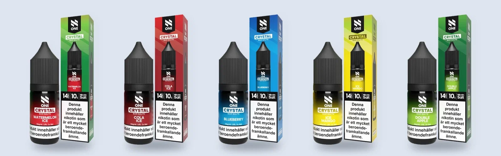 N-One nicsalt 10 ml 14 mg i smakerna Watermelon Ice, Cola Ice, Blueberry, Ice Mango och Double Apple