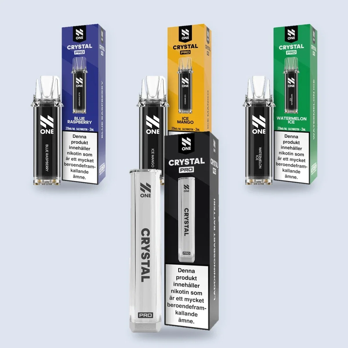 N-One Crystal Pro batteri med pods i smakerna Blue Raspberry, Ice Mango och Watermelon Ice