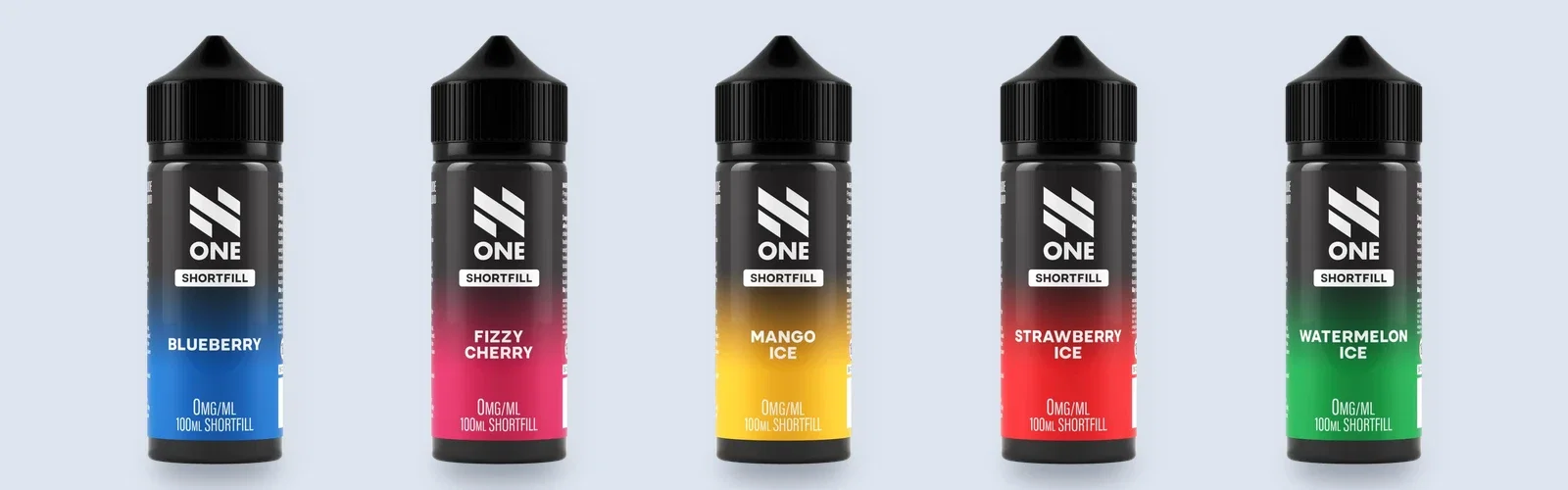 N-One shortfill 100 ml i smakerna Blueberry, Fizzy Cherry, Mango Ice, Strawberry Ice och Watermelon Ice
