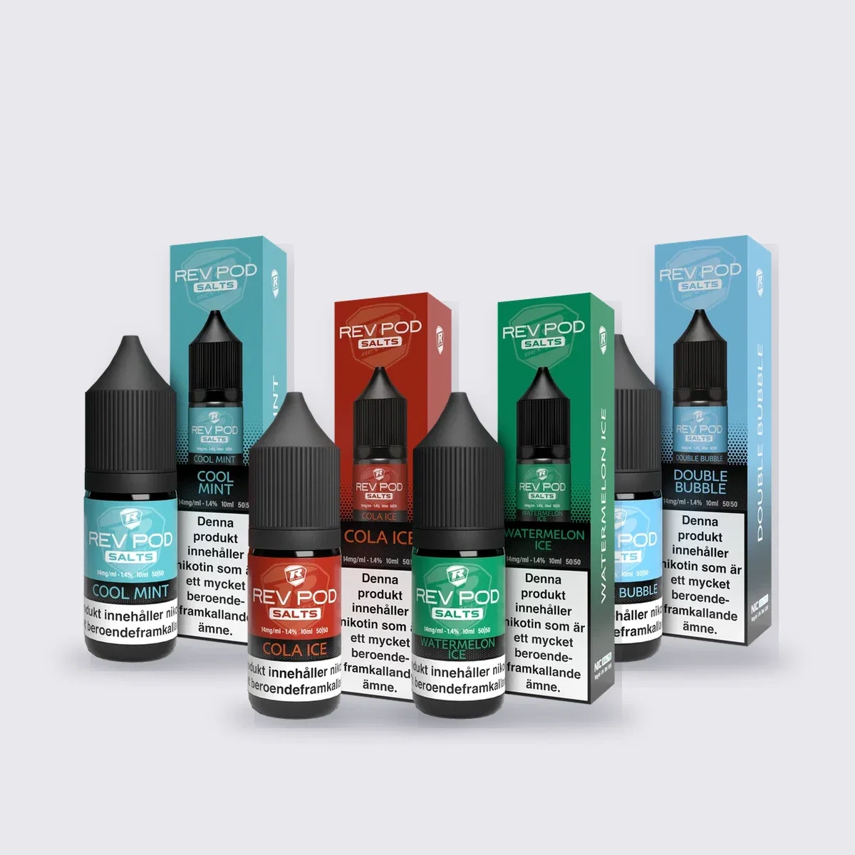 Rev Pod Salts e-juice 10 ml med 14 mg nikotinsalt i smakerna Cool Mint, Cola Ice, Watermelon Ice och Double Bubble