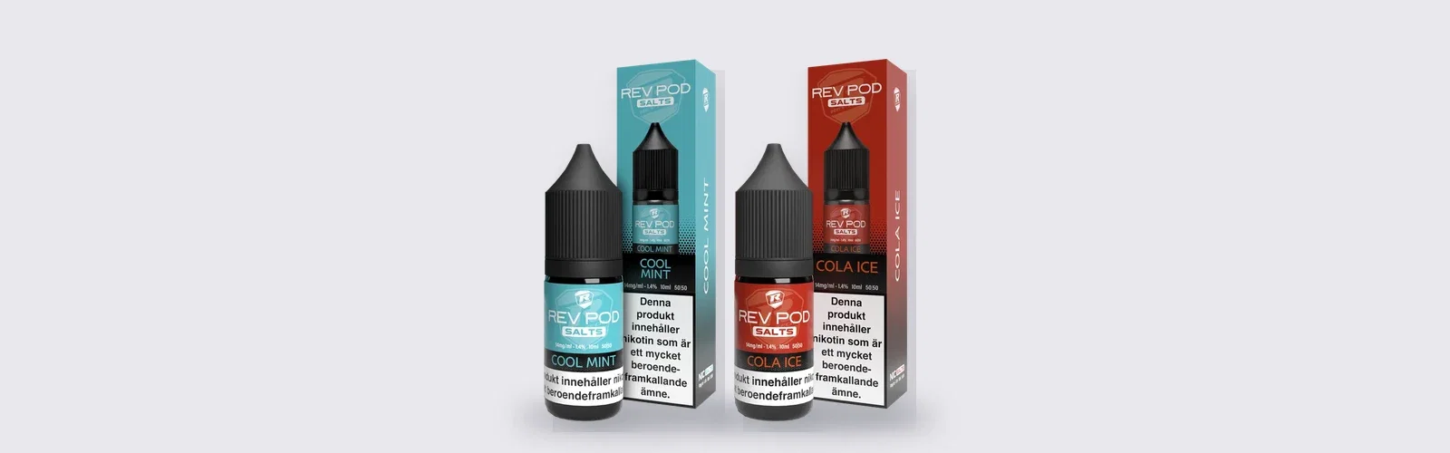 Rev Pod Salts e-juice 10 ml med 14 mg nikotinsalt i smakerna Cola Ice och Cool Mint