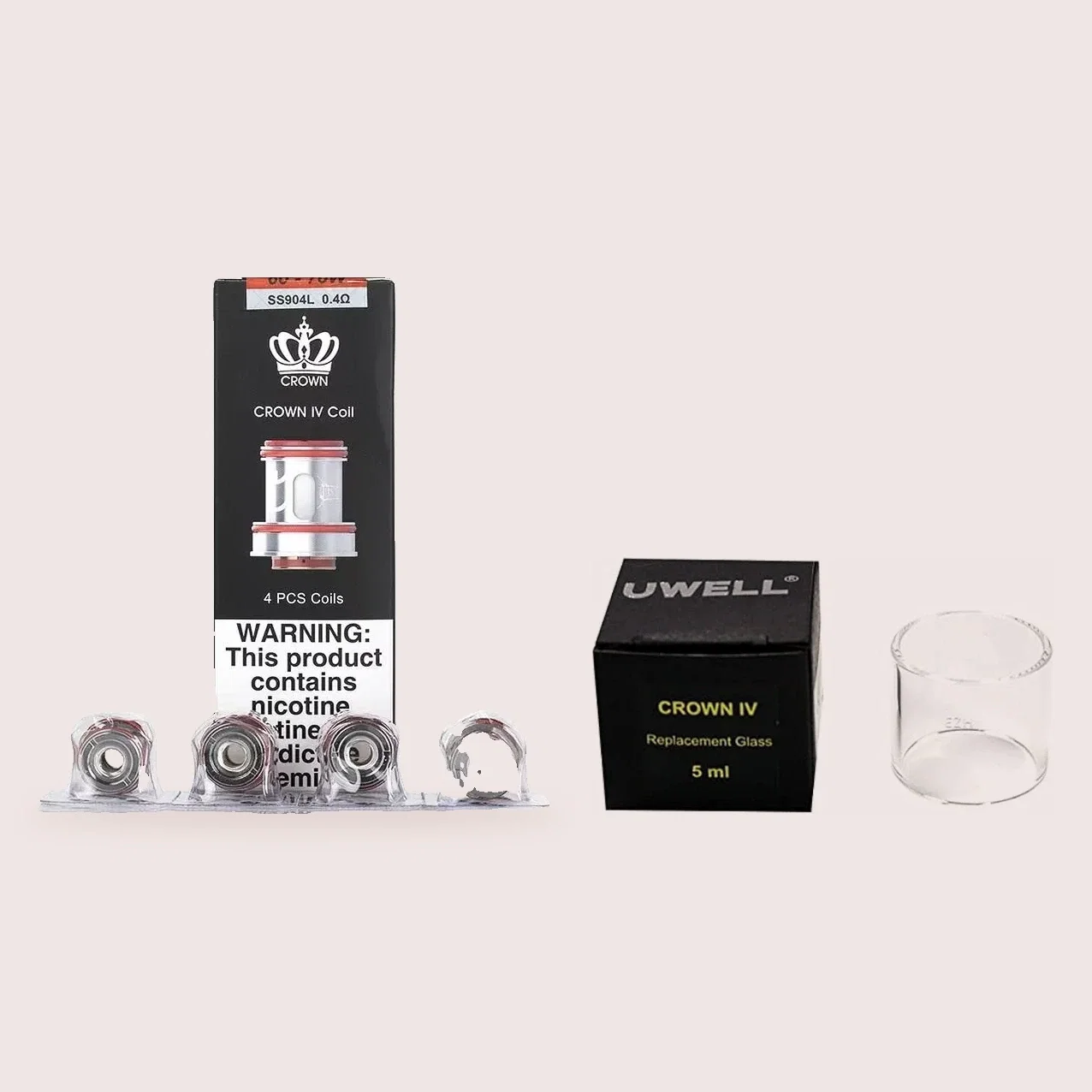 Uwell Crown 4 coils på 0,4 ohm i fyrpack och Uwell Crown 4 reservglas med förpackning
