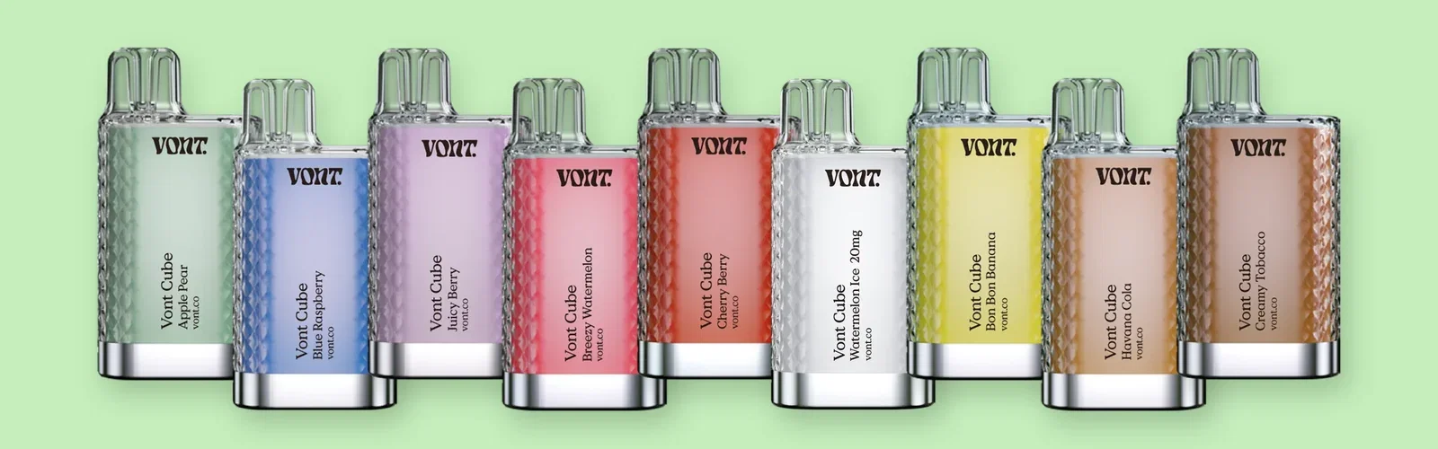 Vont Cube engångsvape i smakerna Apple Pear, Blue Raspberry, Bon Bon Banana och Cherry Berry