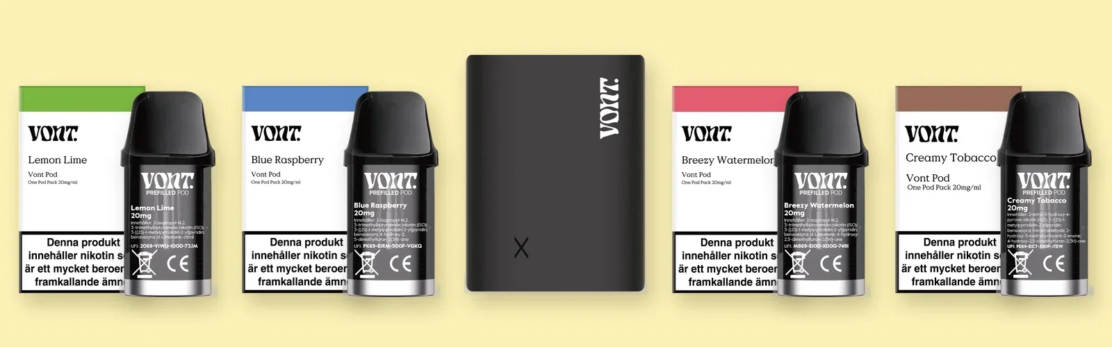 Vont Pod Device och färdigfyllda Vont pods i smakerna Fresh Mint och Blue Raspberry