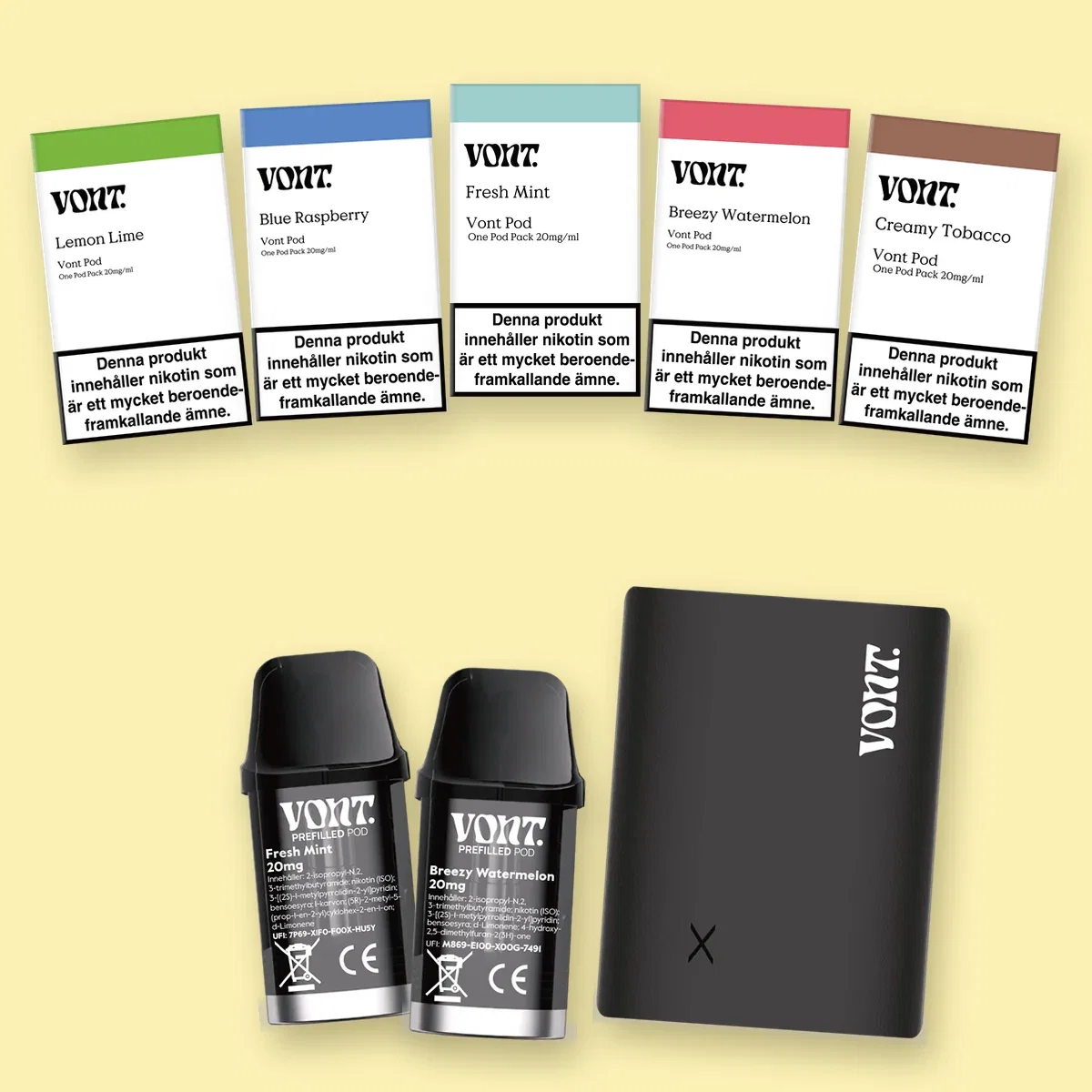 Vont Pod Device med färdigfyllda Vont pods i smakerna Lemon Lime, Blue Raspberry, Fresh Mint, Breezy Watermelon och Creamy Tobacco