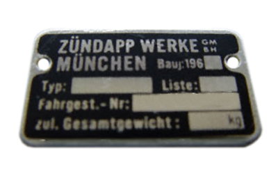 Typskylt för ram Zundapp 1960