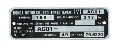 Typskylt ram Honda MB50 AC01
